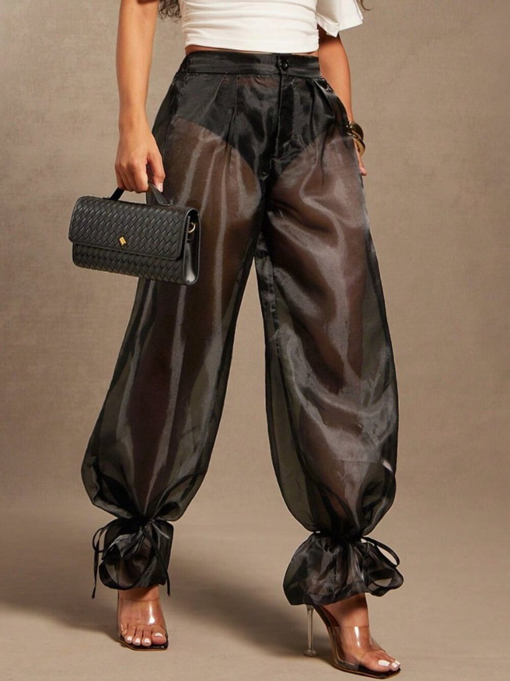 Black Casual Women's High Waist Sheer Cuffed Balloon Pants